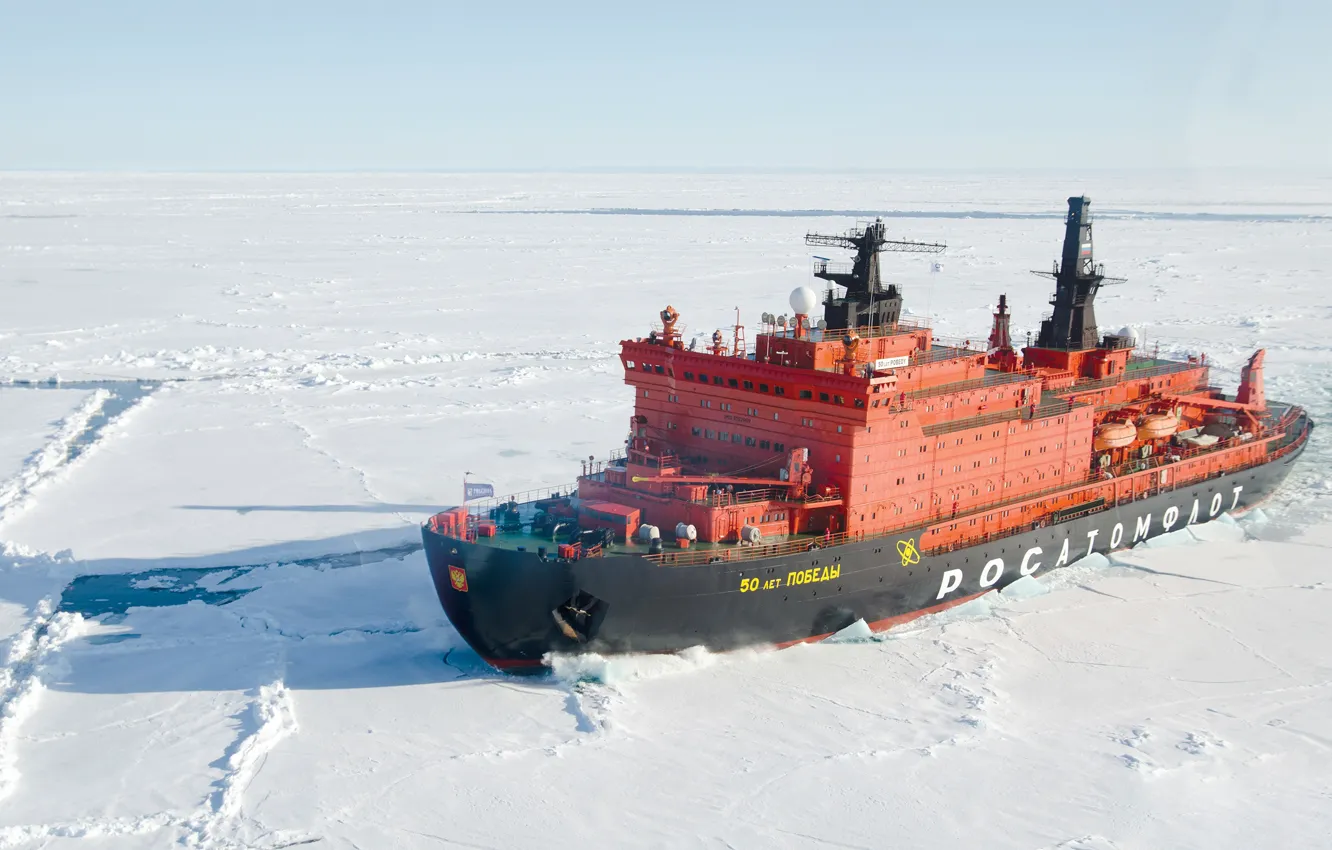 Фото обои Океан, Море, Лед, Ледокол, Судно, Россия, 50 лет Победы, Атомфлот