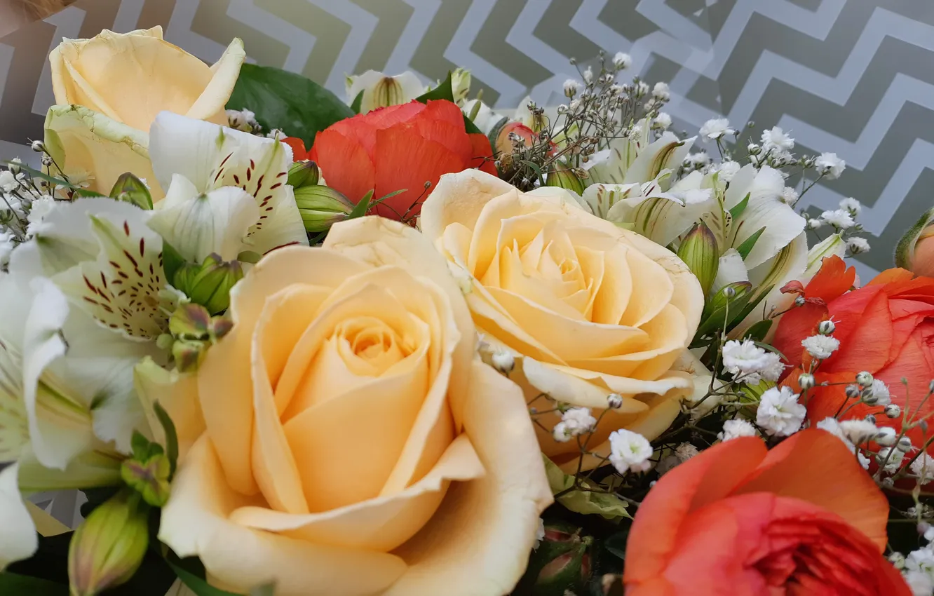 Фото обои Цветы, Букет, Красные, Розы, Альстрёмерия, Персиковые