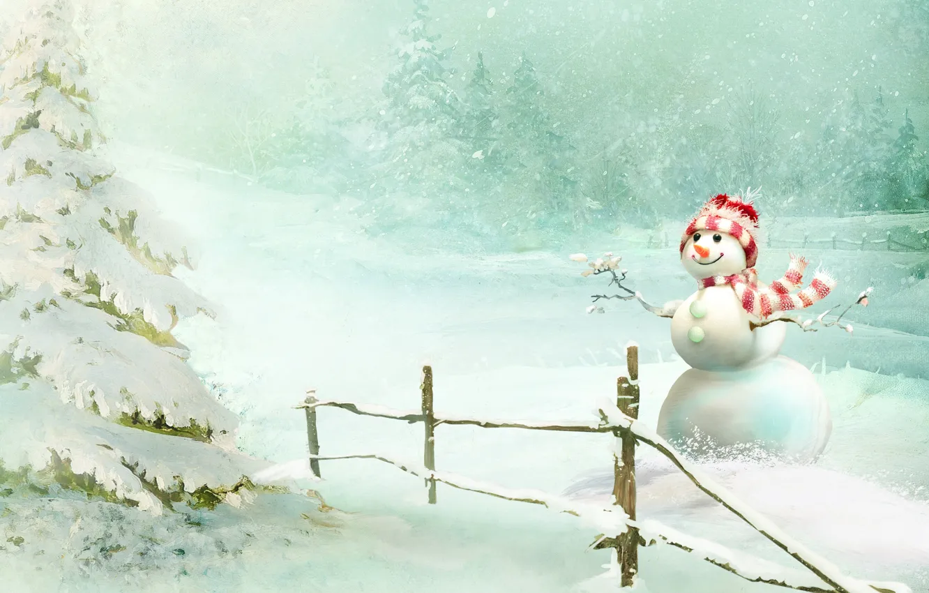 Фото обои лес, снег, улыбка, снеговик, ёлка, шарфик, снегопад