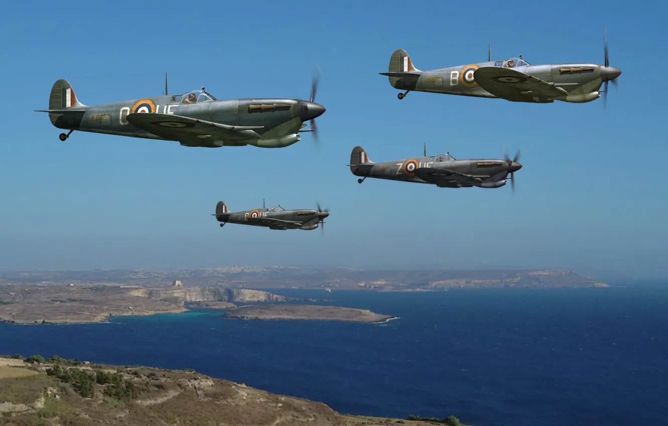 Фото обои небо, рисунок, арт, истребители, WW2, британские, Supermarine Seafire, пролив Ла-Ма́нш