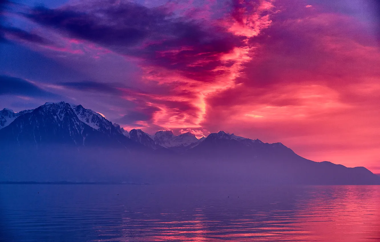 Фото обои Pink, Clouds, Switzerland, Sunset, Lake, Montreux, Geneva