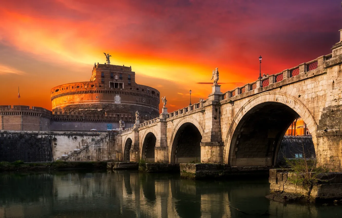 Фото обои пейзаж, закат, мост, город, Рим, Италия, Ватикан, Sant`Angelo