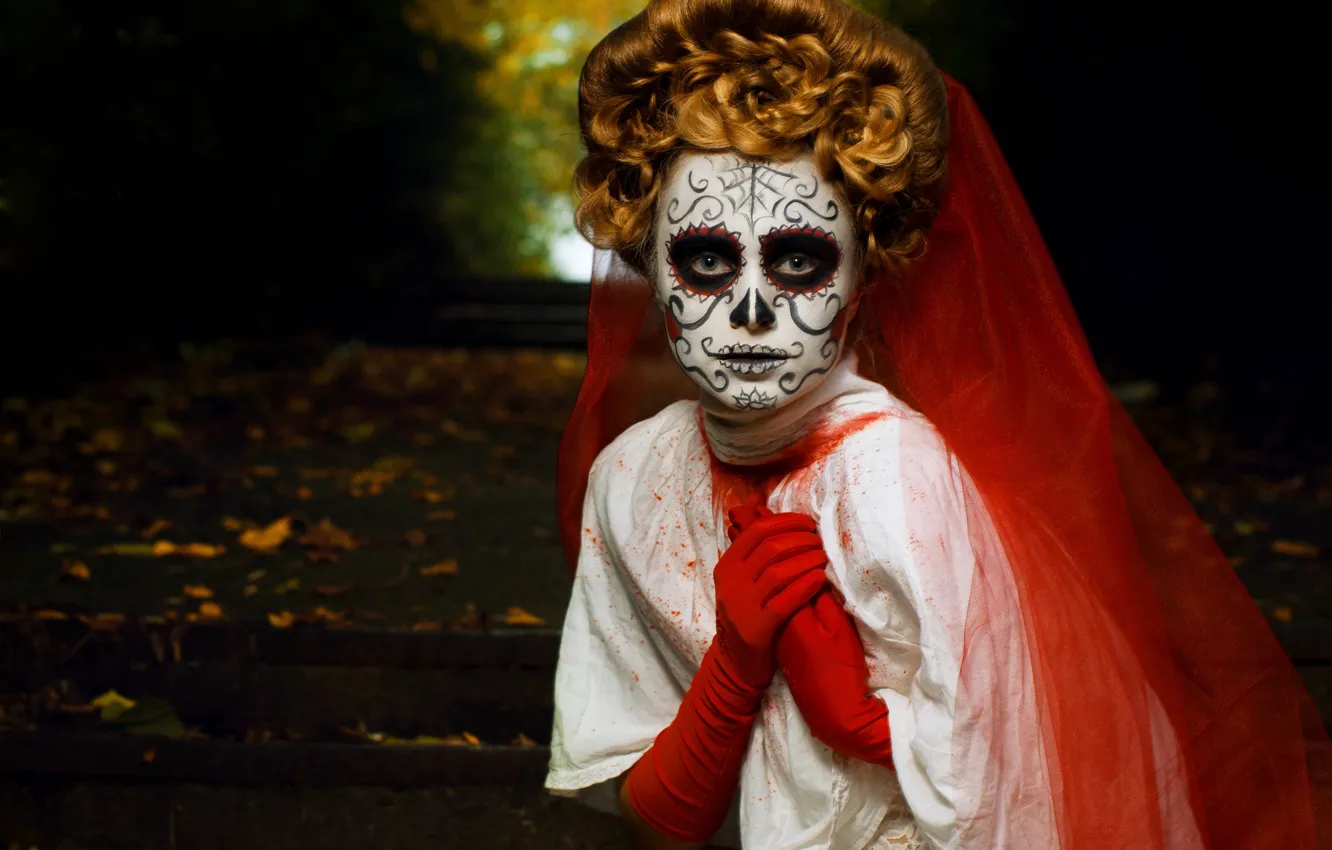 Фото обои девушка, праздник, маска, прическа, хэллоуин
