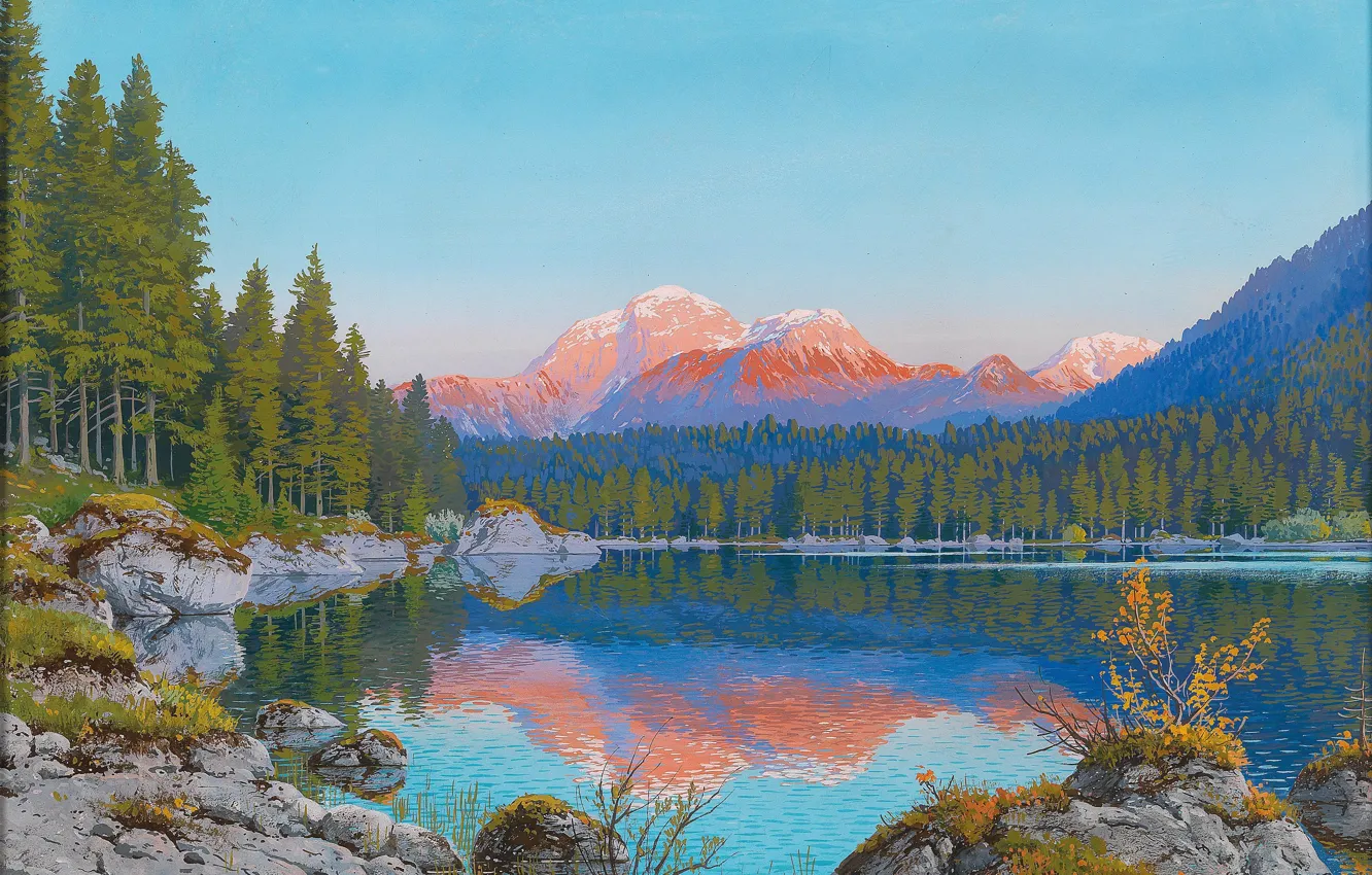 Фото обои лес, пейзаж, горы, озеро, рассвет, берег, Rudolf Reschreither