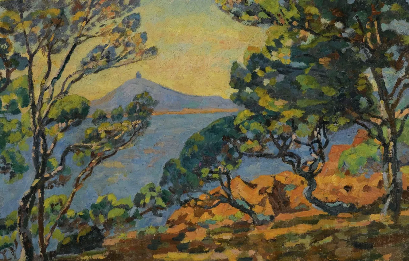 Фото обои море, пейзаж, горы, картина, Арман Гийомен, Armand Guillaumin, The Bay of Agay and the Semaphore