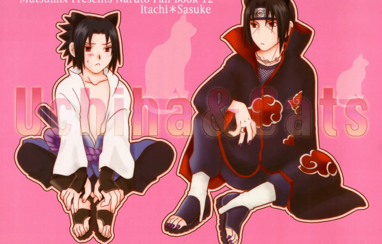 Фото обои братья, Naruto, красные глаза, розовый фон, сидят, fanart, Itachi Uchiha, Sasuke Uchiha