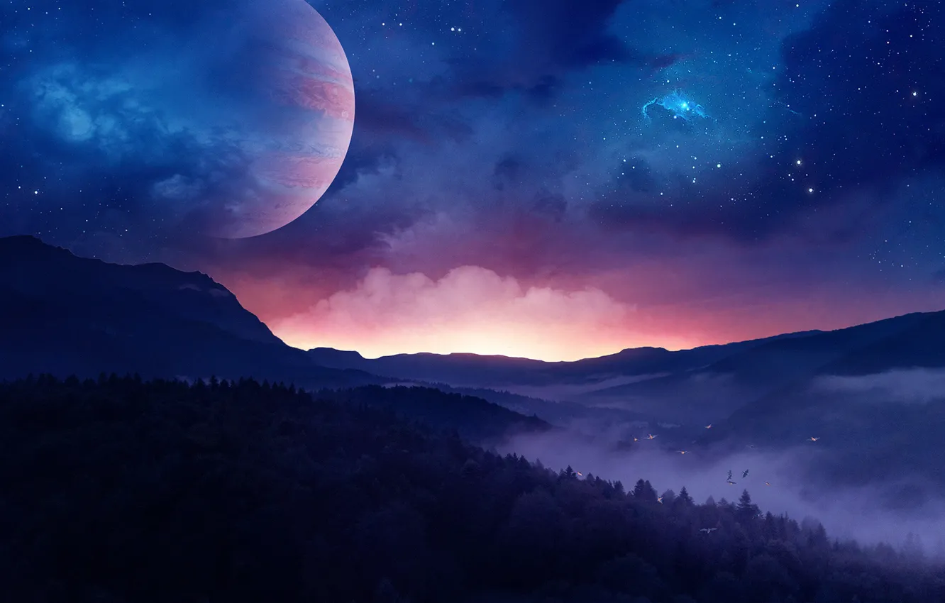 Фото обои Небо, Ночь, Звезды, Лес, Планета, Рассвет, Пейзаж, Фантастика