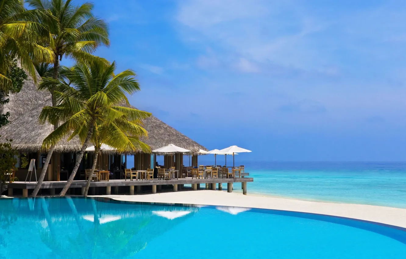 Фото обои океан, бассейн, ресторан, Мальдивы, курорт, бунгало, Maldives, luxurious summer resort
