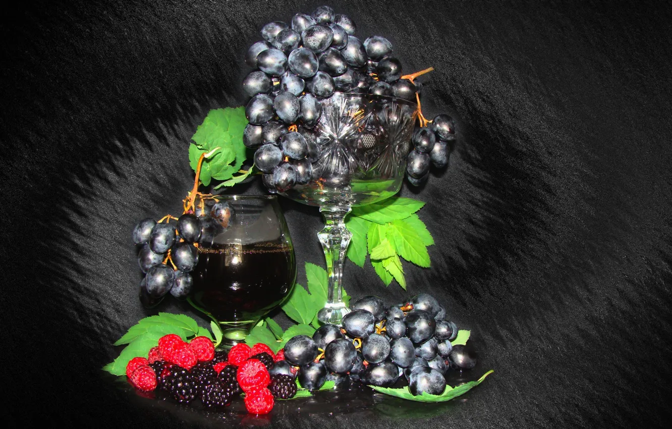 Фото обои лето, малина, настроение, вино, виноград, натюрморт