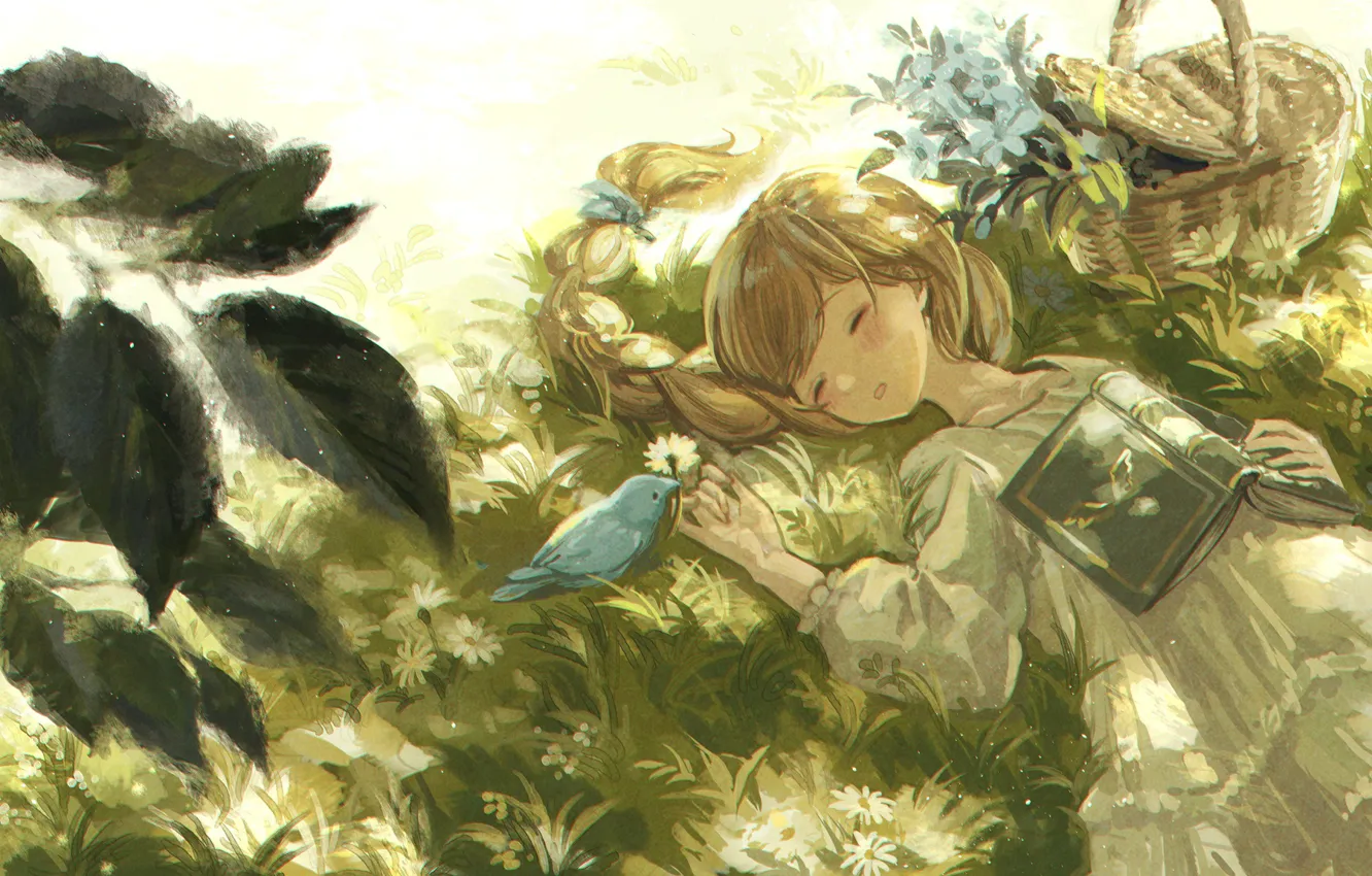 Фото обои трава, птица, корзина, спит, девочка, книга