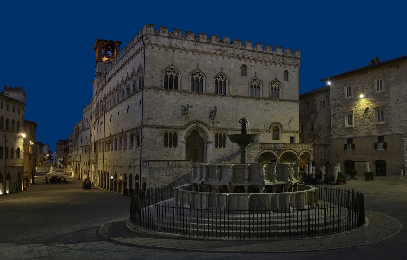 Фото обои площадь, Италия, фонтан, Умбрия, Перуджа