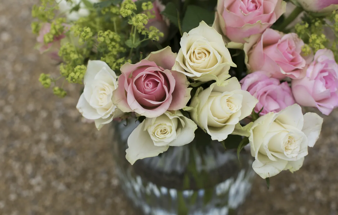 Фото обои цветы, розы, букет, ваза, розовые, белые, много, разные