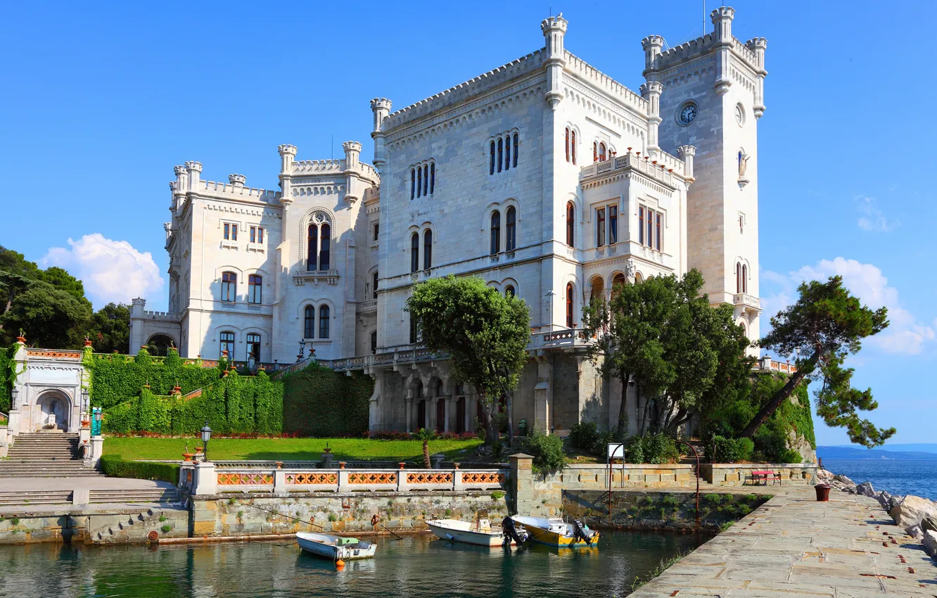 Фото обои море, замок, Италия, Триест, Miramare, Мирамаре