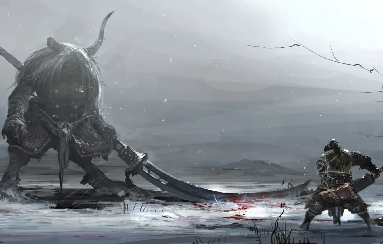 Фото обои зима, снег, оружие, кровь, монстр, воин, арт, рога