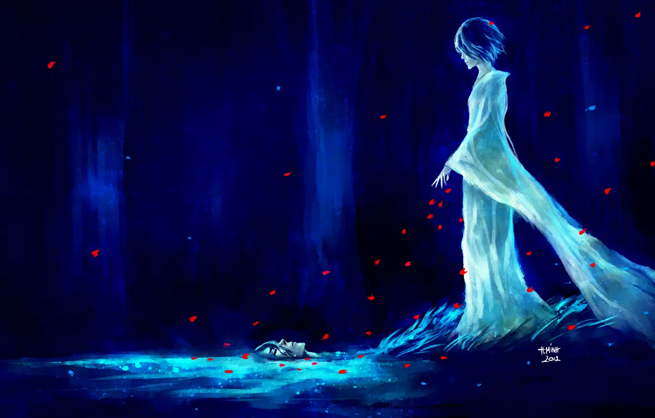 Фото обои вода, девушка, лепестки, арт, парень, bleach, kuchiki byakuya, kuchiki rukia