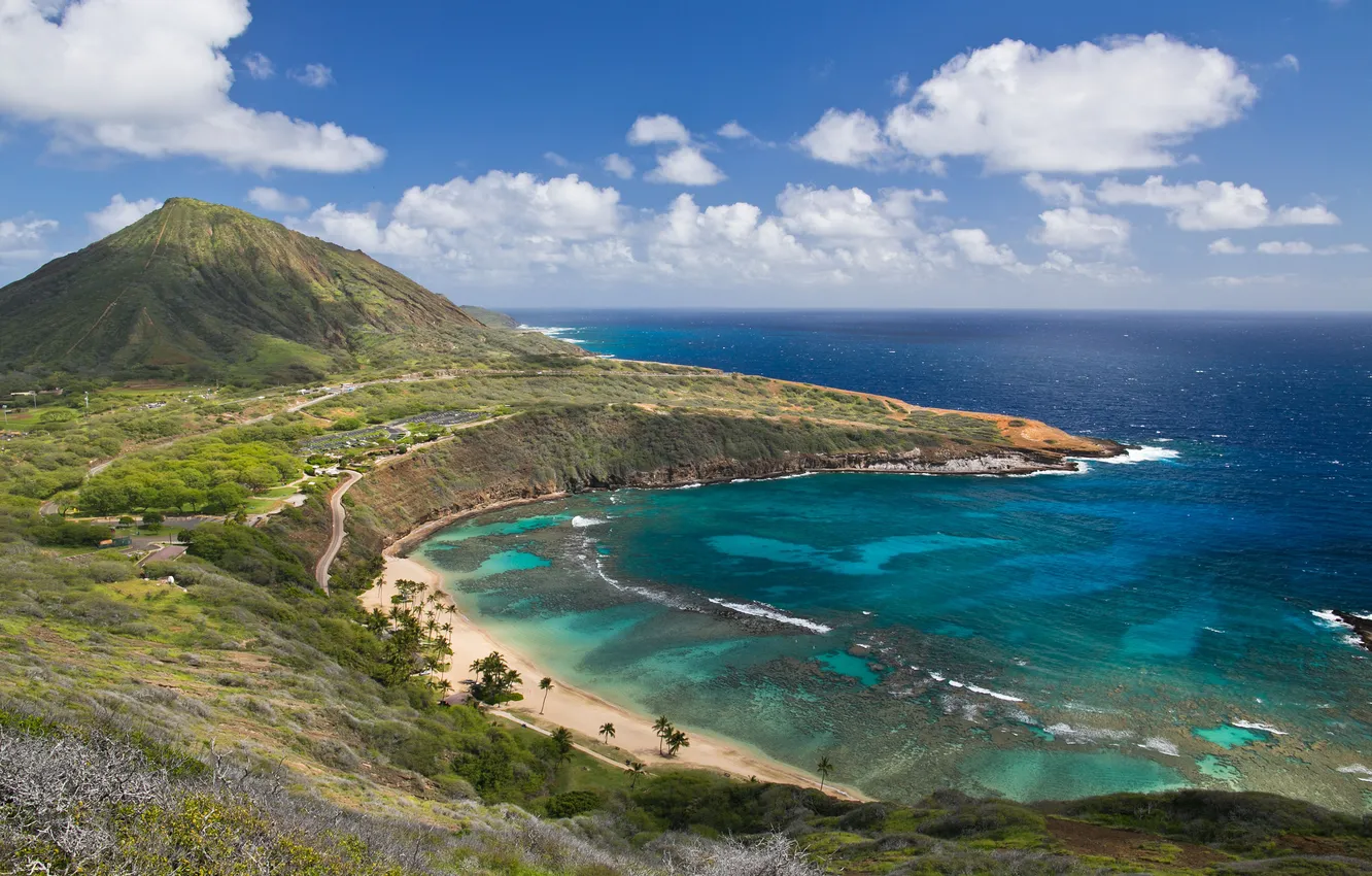 Фото обои побережье, гора, Гавайи, остров Оаху, Hawai, Залив Ханаума, Hanauma Bay, Oʻahu Island