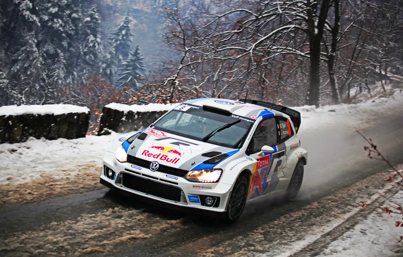 Фото обои дорога, Зима, Авто, Снег, Volkswagen, Фары, WRC, Rally
