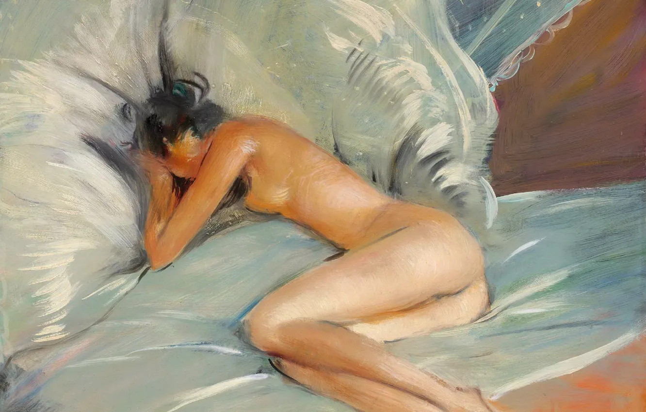 Фото обои попа, постель, шёлк, голая девушка, Модерн, Jean-Gabriel Domergue, Обидевшаяся