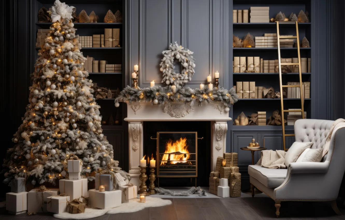 Фото обои комната, елка, интерьер, Рождество, Новый год, камин, Christmas, view
