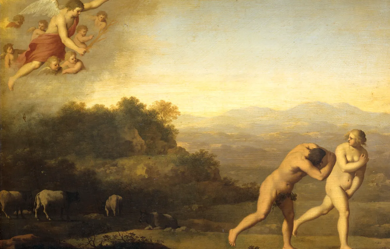Фото обои дерево, масло, картина, мифология, Корнелис ван Пуленбург, Изгнание из Рая