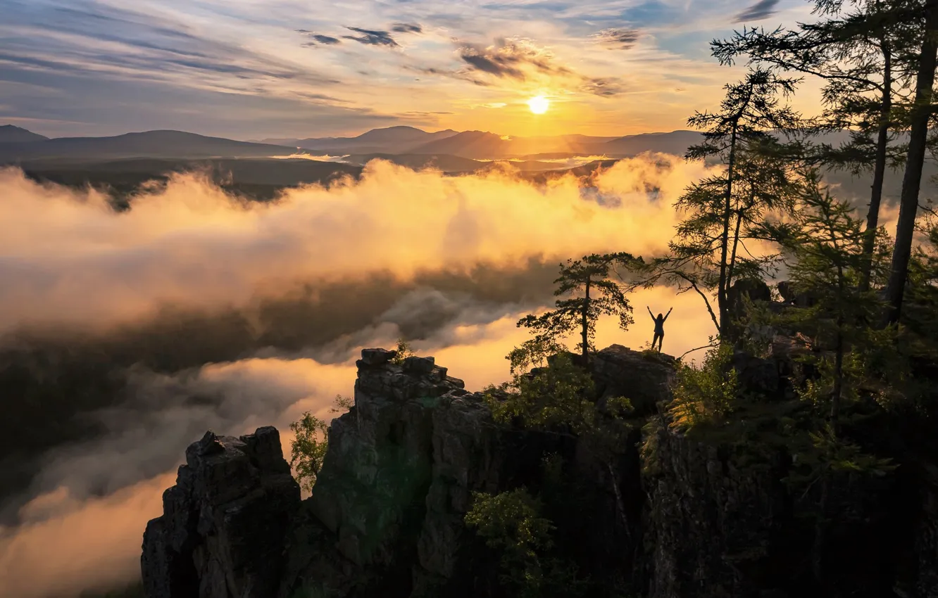 Фото обои солнце, облака, пейзаж, горы, природа, рассвет, утро, Межин Сергей