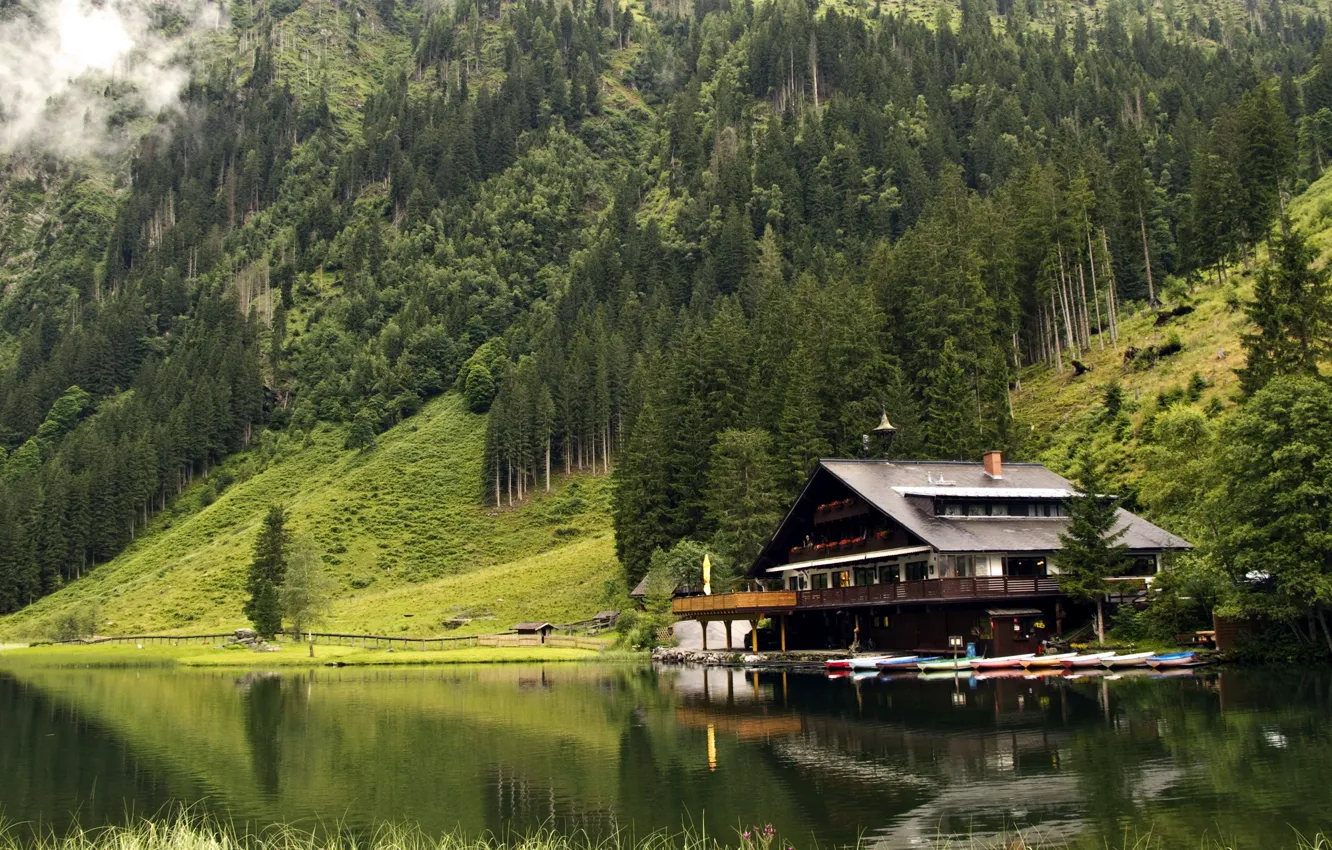 Фото обои house, forest, mountains, lake, boats