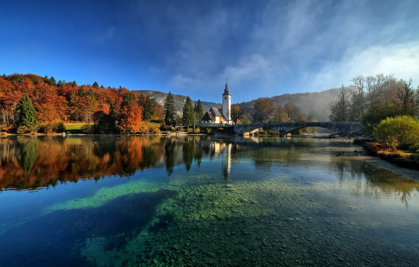 Фото обои осень, деревья, пейзаж, мост, природа, озеро, церковь, Словения