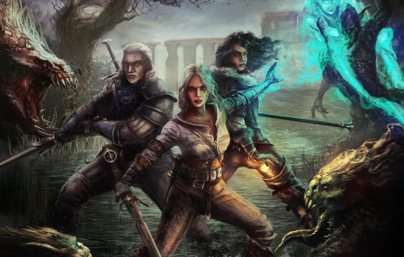 Фото обои арт, Геральт, The Witcher 3: Wild Hunt, Цири