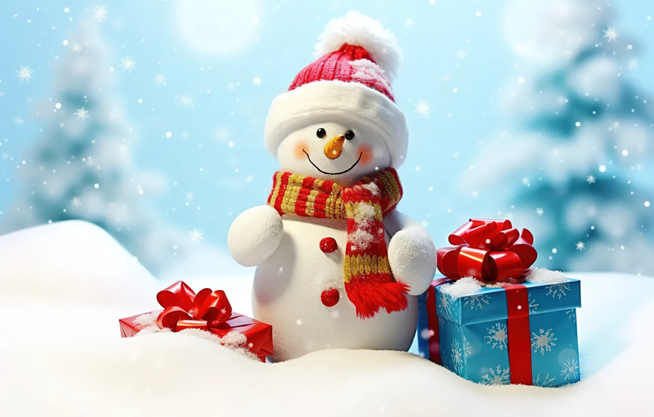 Фото обои зима, снег, снежинки, Новый Год, Рождество, снеговик, happy, Christmas