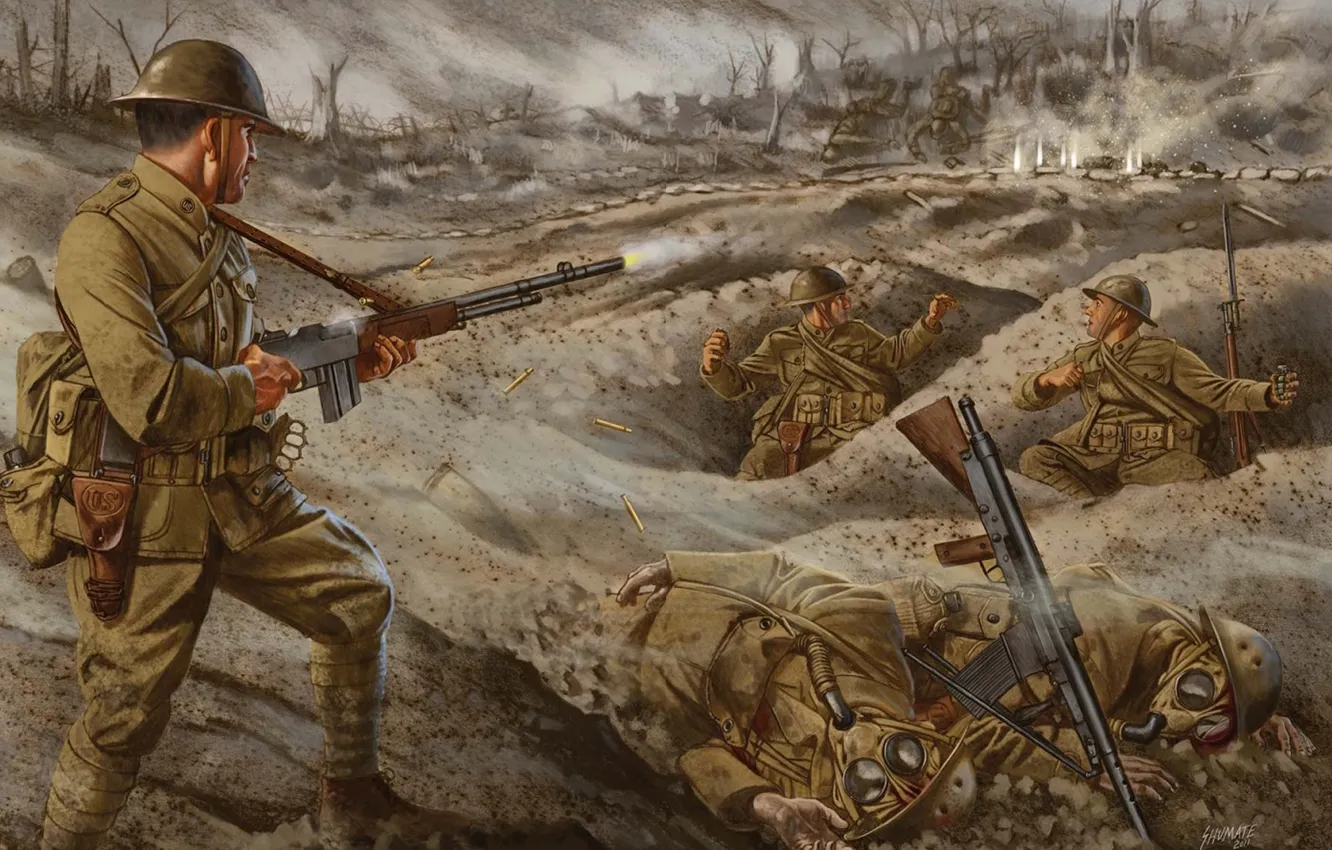 Фото обои война, рисунок, легкий, арт, солдаты, пулемет, выстрелы, Browning