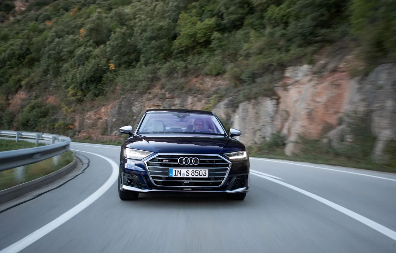 Фото обои синий, Audi, седан, спереди, Audi A8, Audi S8, на дороге, 2020