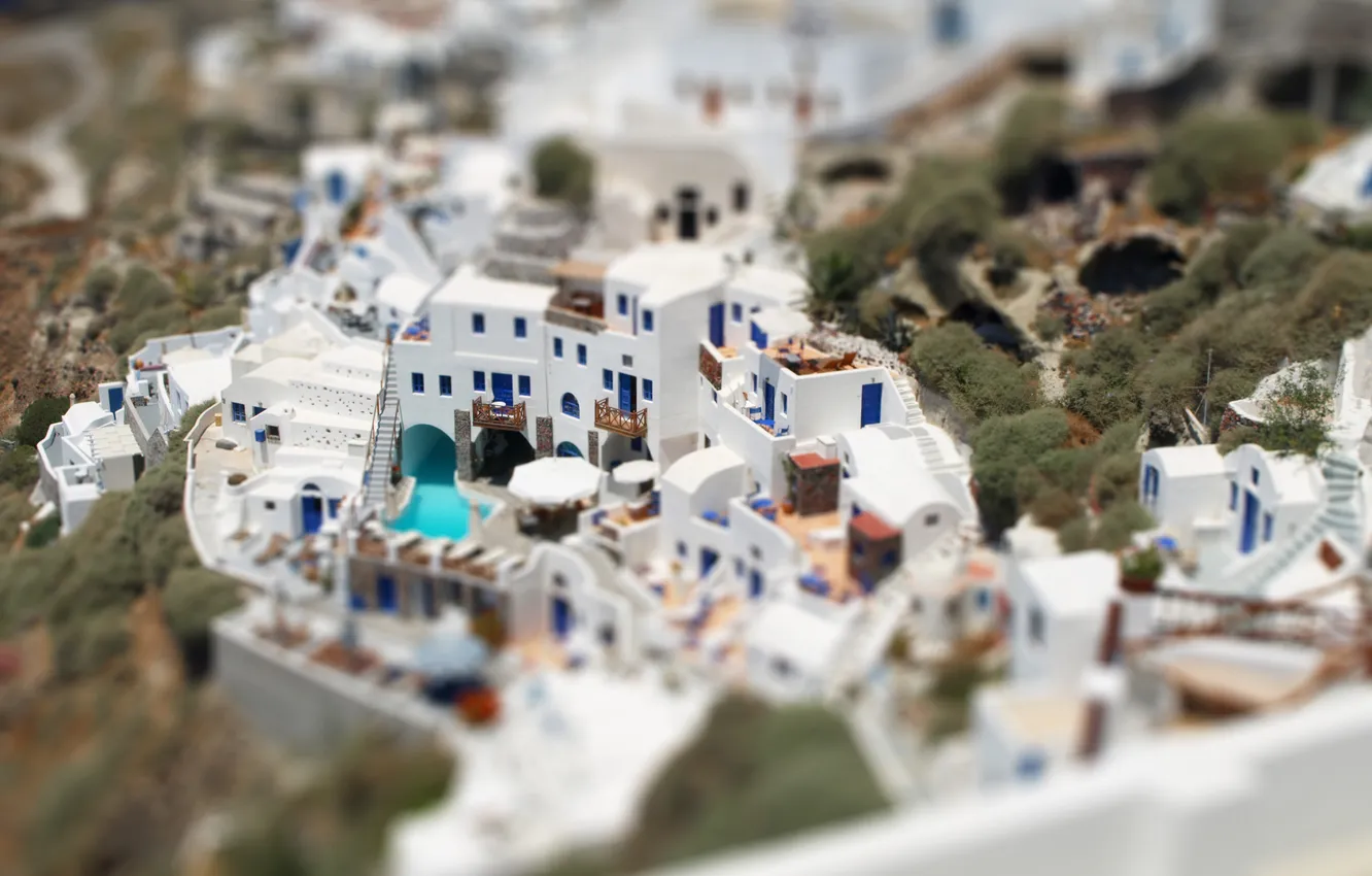Фото обои дома, белые, Tilt-Shift, греция, санторини