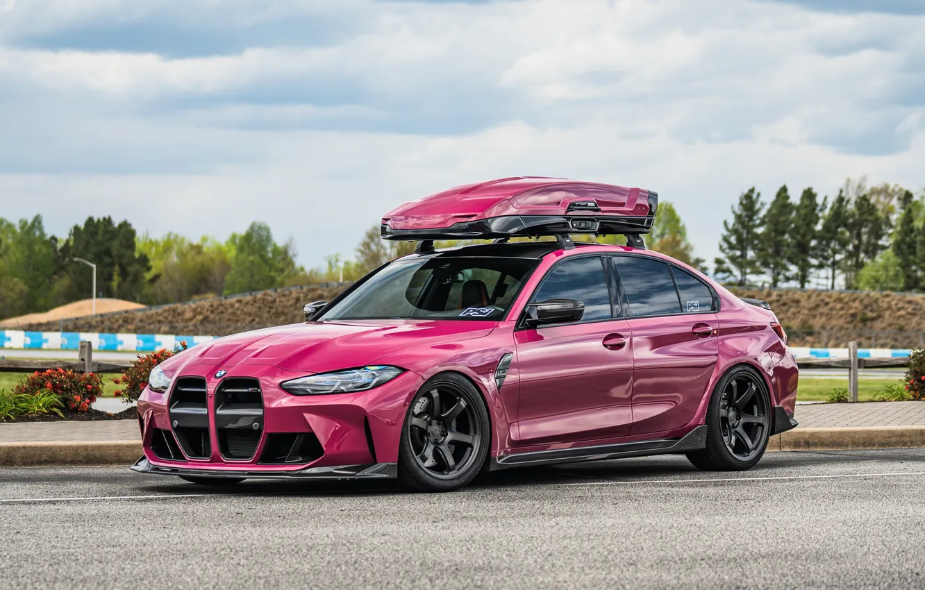Фото обои BMW, Road, Trees, BMW M3, Pink, Stance