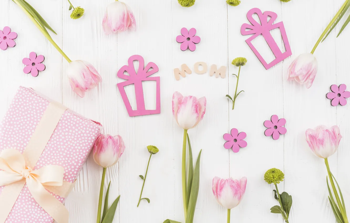 Фото обои подарок, тюльпаны, поздравление, композиция, День Матери