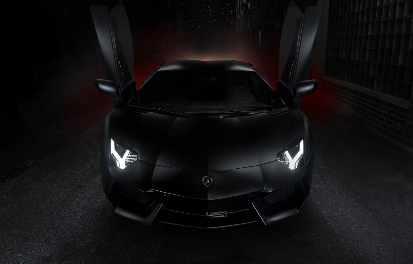 Фото обои Lamborghini, black, ламборджини, открытые двери, front, LP700-4, Aventador, авентадор