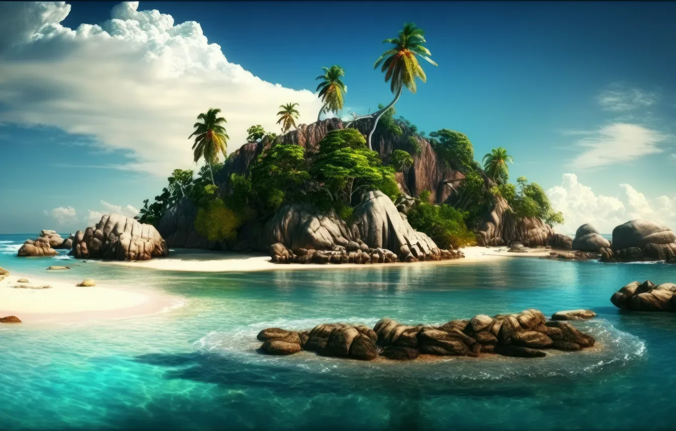 Фото обои wallpaper, picture, Sea, Island, Palm Trees, Illustrations, AI Art