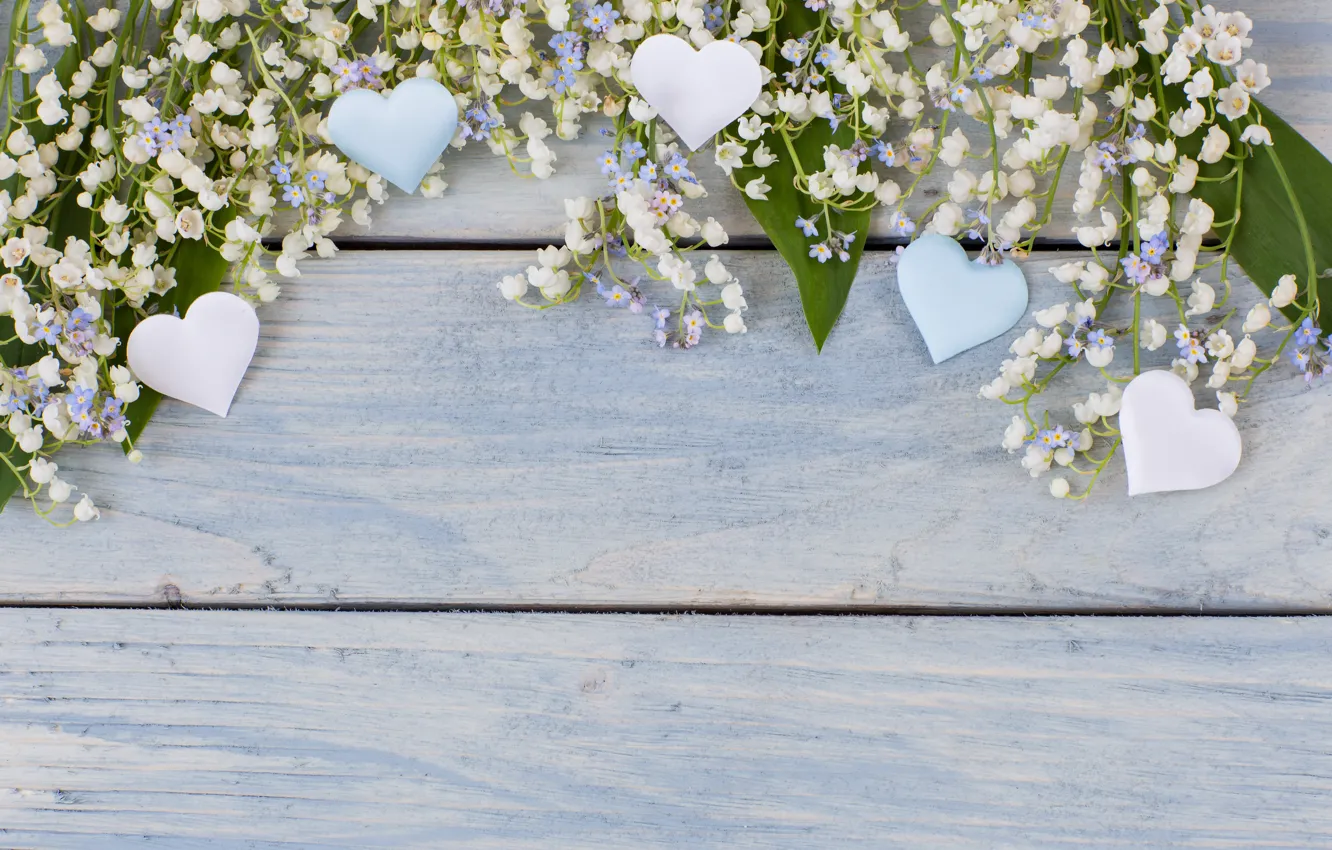 Фото обои цветы, сердце, весна, love, white, ландыши, wood, flowers