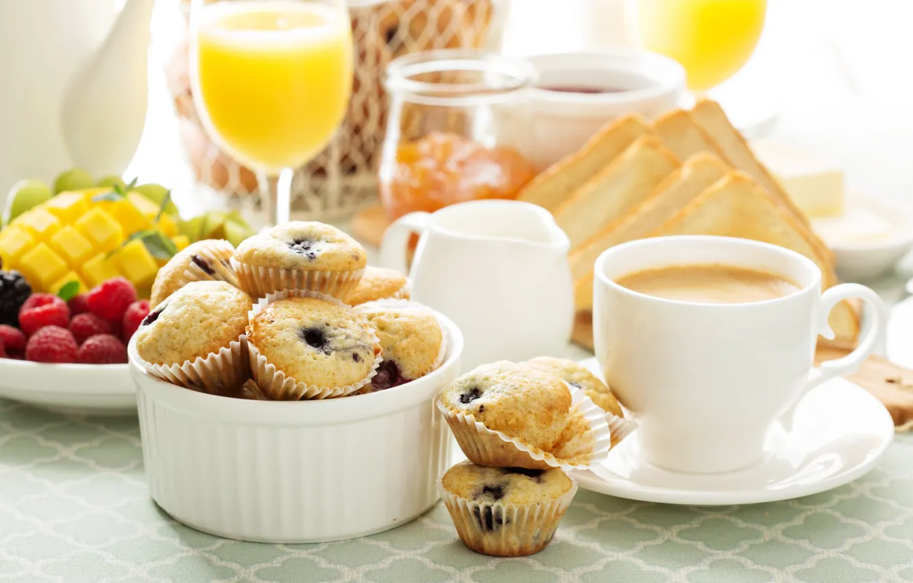 Фото обои кофе, завтрак, сок, чашка, фрукты, джем, кексы, тосты
