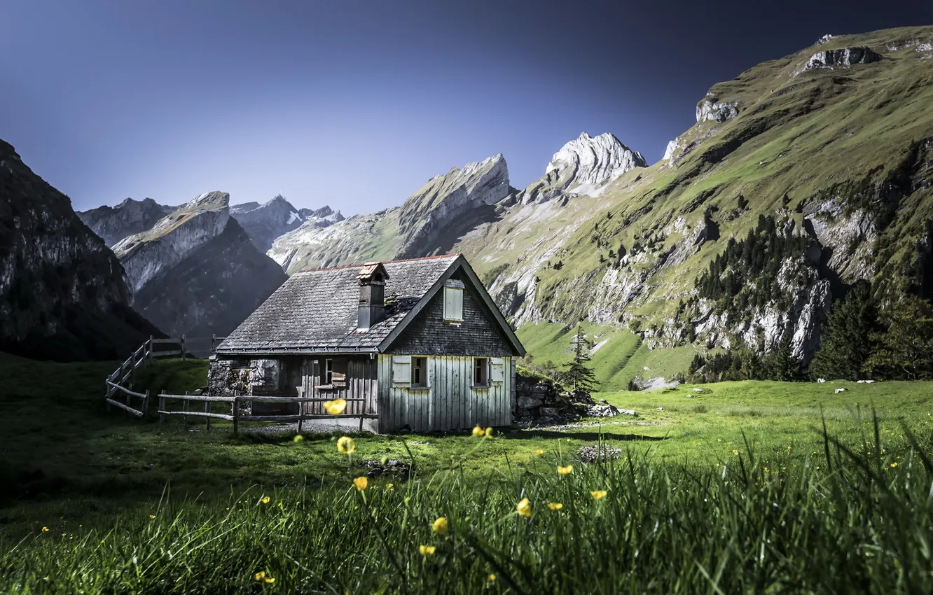 Фото обои пейзаж, горы, дом