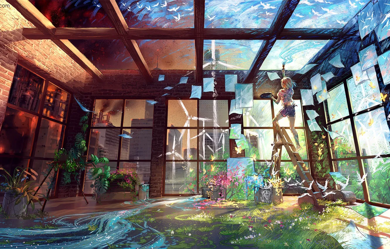 Фото обои птицы, ручей, комната, стены, краски, растения, потолок, художница