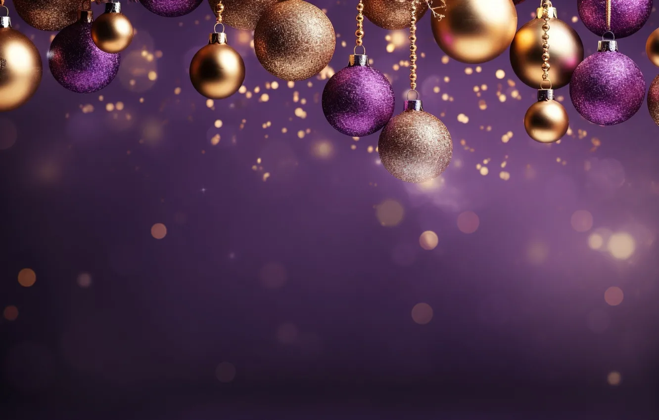 Фото обои фиолетовый, украшения, фон, шары, Новый Год, Рождество, golden, new year