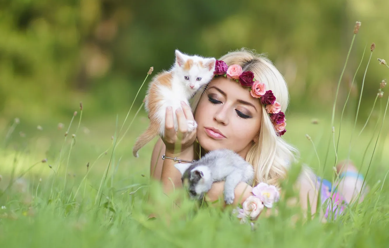 Фото обои лето, трава, девушка, кошки, цветы, котенок, поляна, макияж