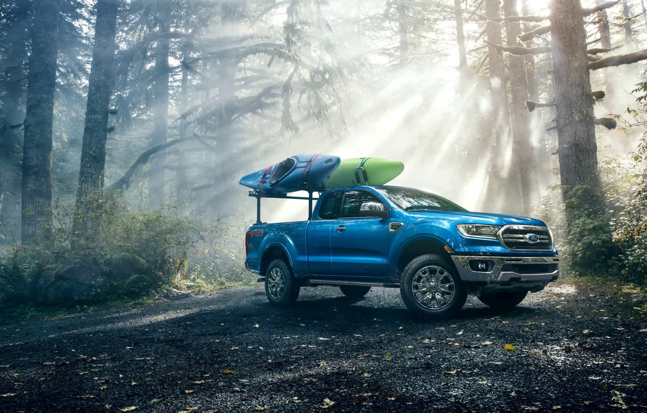 Фото обои Ford, Blue, Ranger, Lariat, SuperCab, Forest, Boat, Canoe