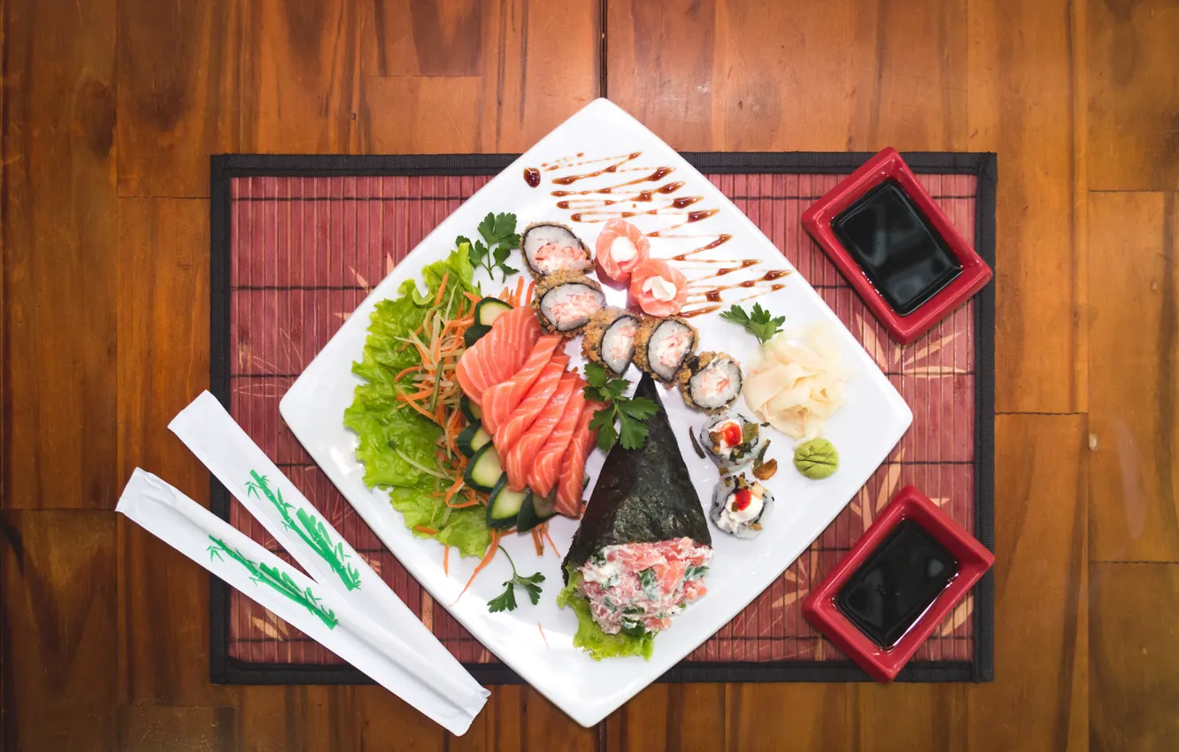 Фото обои food, sushi, chopsticks, sake