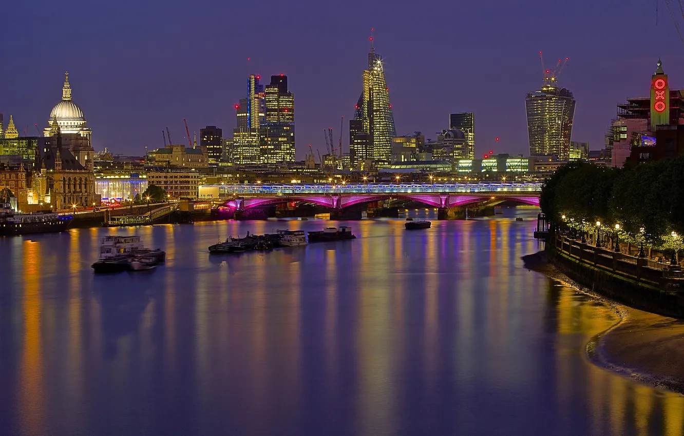 Фото обои огни, Англия, Лондон, вечер, Темза, сумерки, мост Ватерлоо
