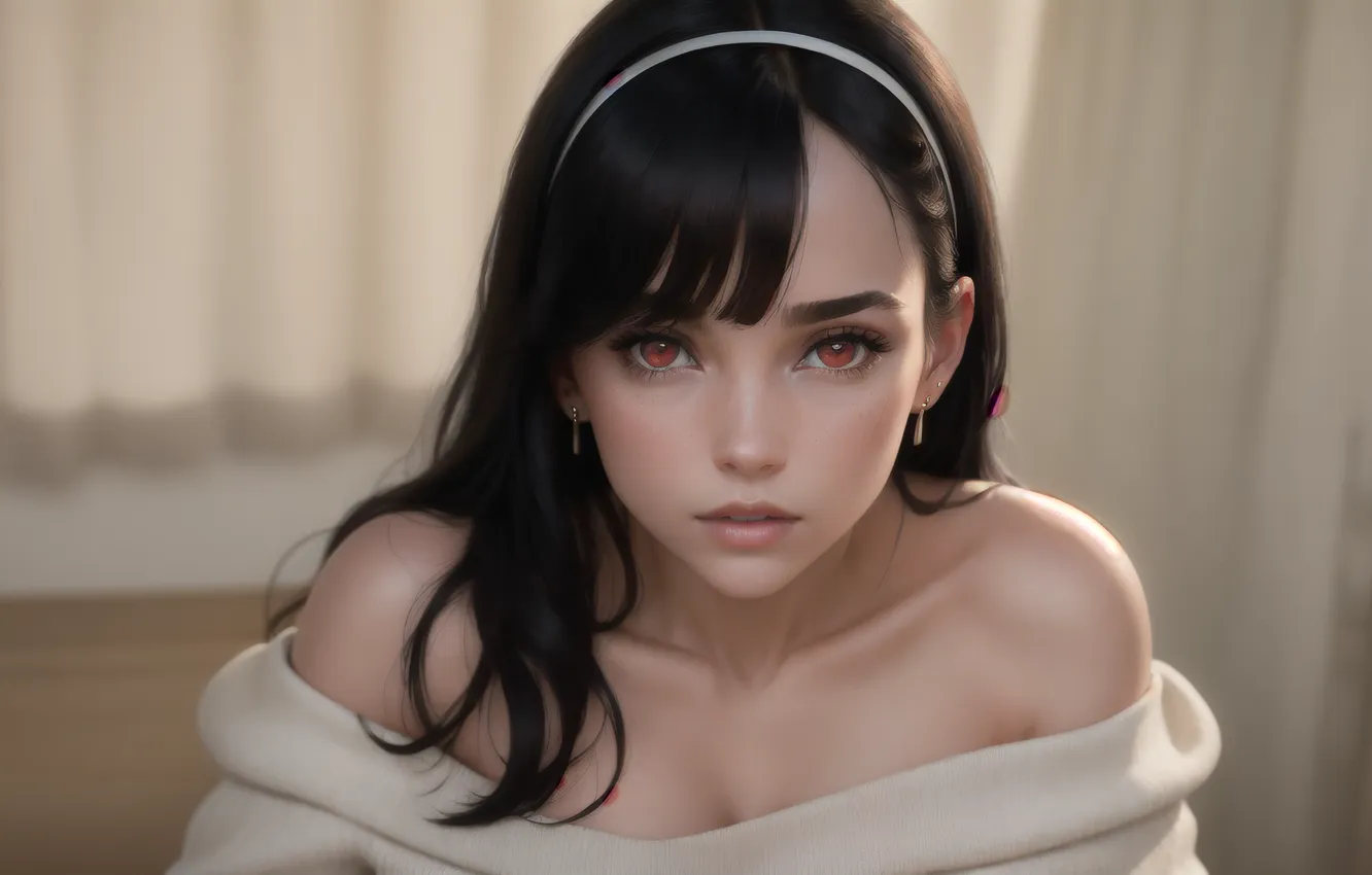 Фото обои red eyes, face, sunlight, black hair, sweater, bare shoulders, looking at viewer, frontal view