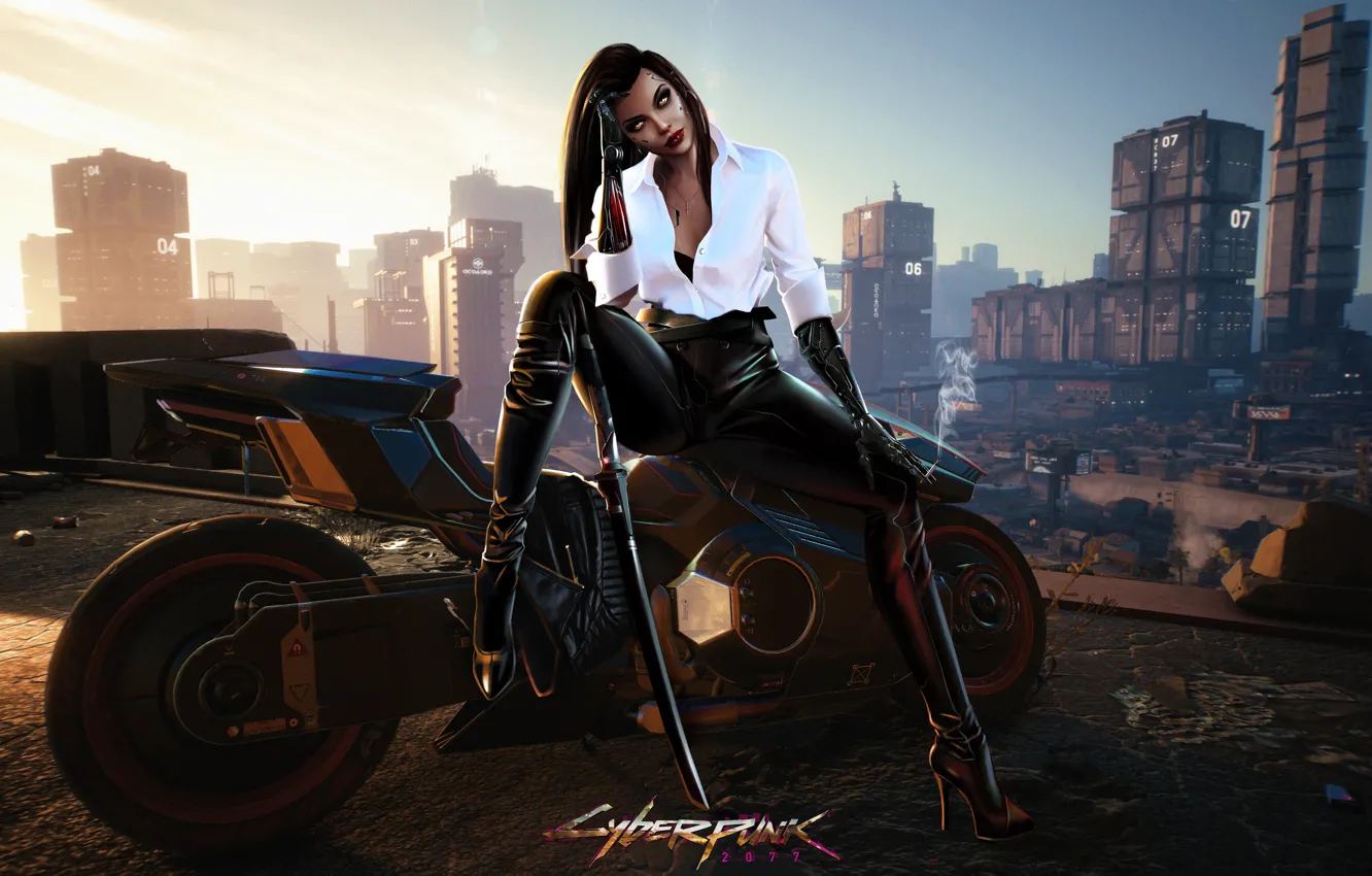 Фото обои Девушка, Город, Игра, Взгляд, Мотоцикл, Персонаж, Katana, Cyberpunk 2077