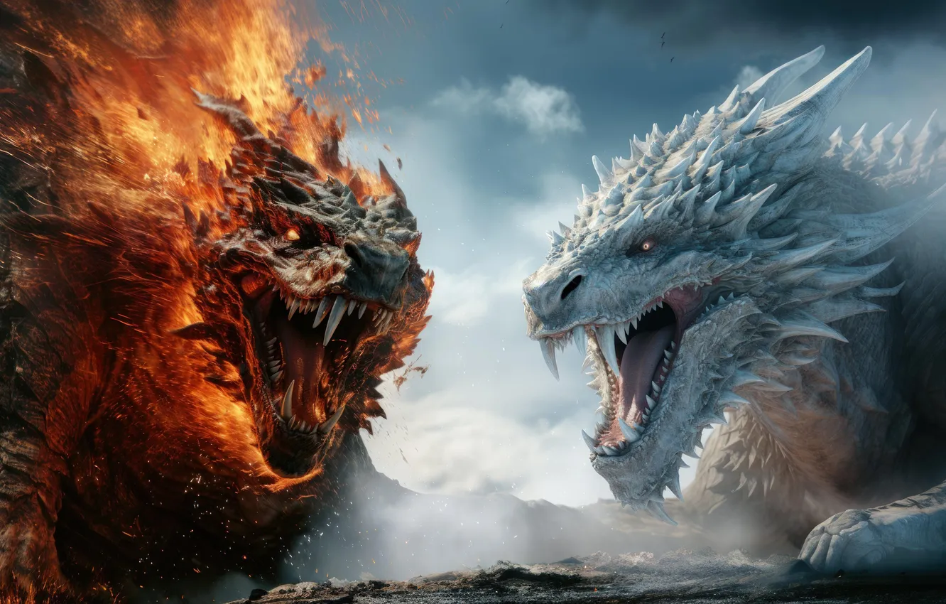 Фото обои fantasy, dragons, icy, fiery