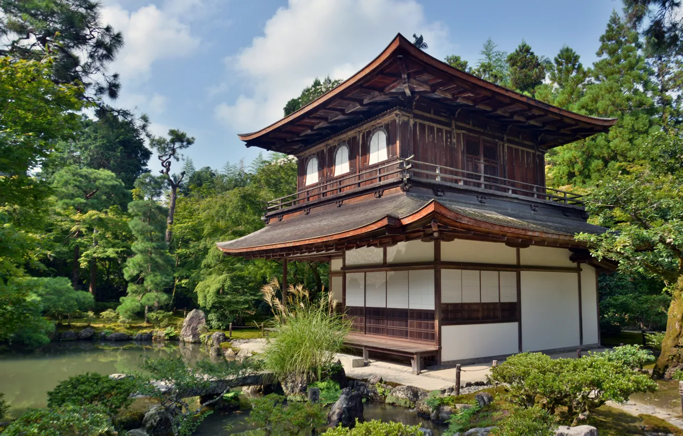 Фото обои Деревья, Япония, Дом, Пруд, Japan, Trees, Pond