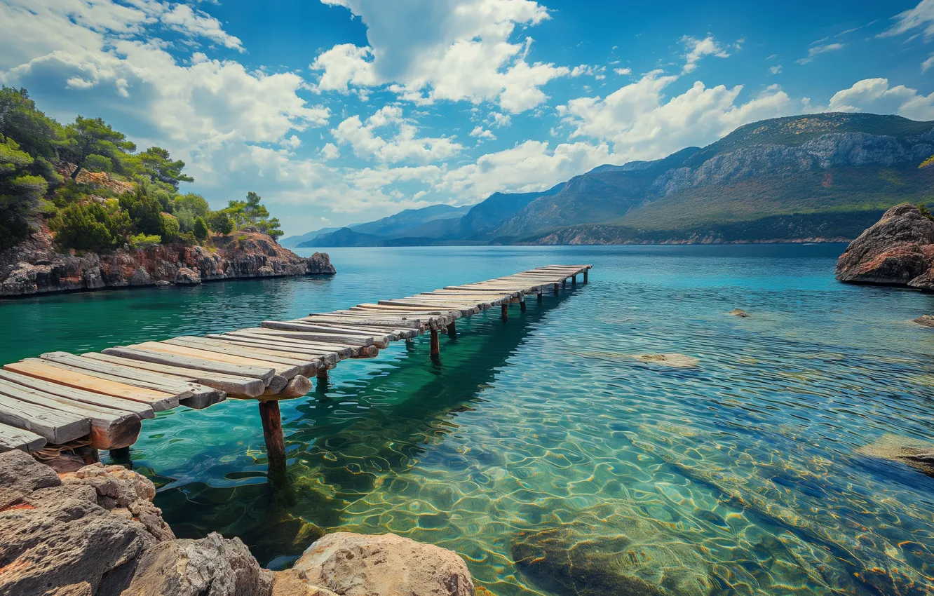 Фото обои mountains, lake, pier, clear water